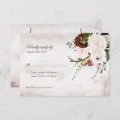 Boho Rustic Wood & Floral Burgundy Roos Wedding RSVP Kaartje (Voorkant / Achterkant)