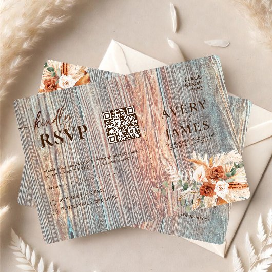 Boho Rustic Wood Grain QR Code RSVP Card Kaartje