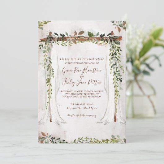 Boho Rustic Wood & Greenery Arch Canopy Wedding Kaart (Staand voorkant)