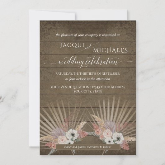 BOHO Rustic Wood Pampas Grass Tropical Palm Floral Kaart (Voorkant)