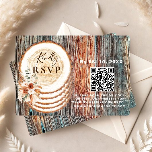 Boho Rustic Wood Slice RSVP Card with QR Code Kaartje