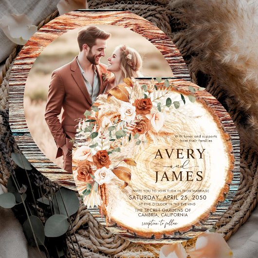 Boho Rustic Wood Slice Wedding Invitation – Pampas Kaart