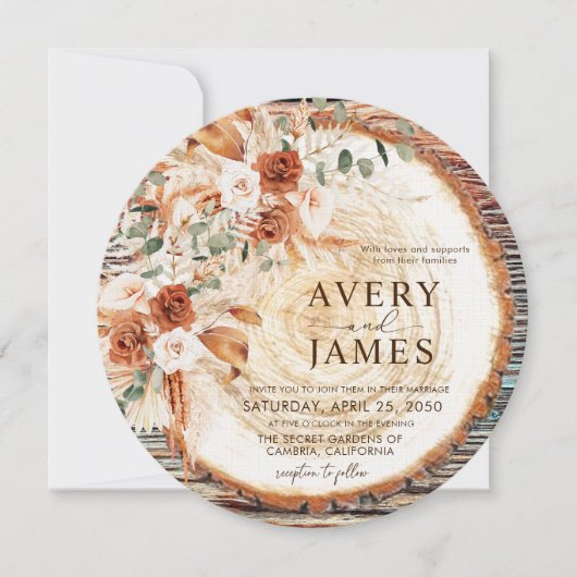 Boho Rustic Wood Slice Wedding Invitation – Pampas Kaart (Voorkant)