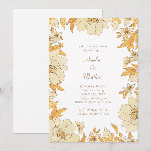 Boho Rustic Yellow Floral Border Wedding Kaart (Voorkant / Achterkant)