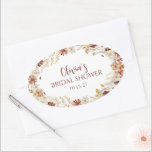 Boho Rusticale Bloemrijke Wijnrode Bruidsmeisjeshu Ovale Sticker<br><div class="desc">Deze elegante bruidsmeisjeshuwelijk sticker heeft een handgeschilderde herfst bloemkrans in warme tinten van roze, beige en roest, omlijst de evenementdetails in een modern script en serif mix. Het ovale ontwerp heeft een zachte boho esthetiek, perfect voor herfstvieringen. Ideaal voor het verzegelen van uitnodigingen of feestgunsten, dit ontwerp past bij rustieke,...</div>