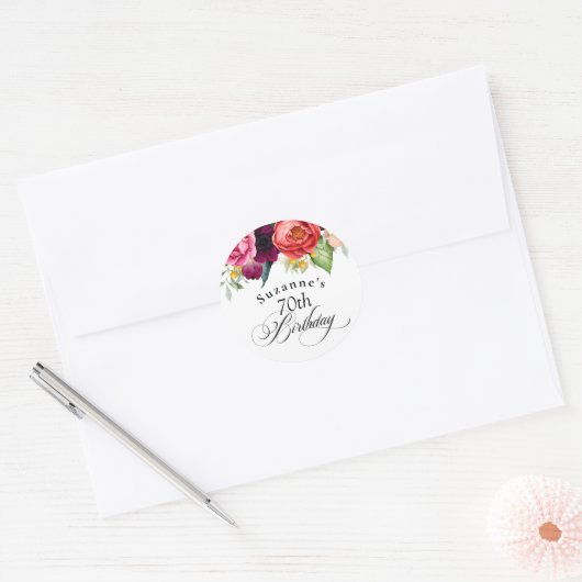Boho Rustiek Aquarel Bloemen 70e Verjaardagsfeestj Ronde Sticker (Envelop)