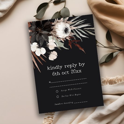 Boho rustiek Gotisch Roest Zwart Botanisch Bruilof RSVP Kaartje