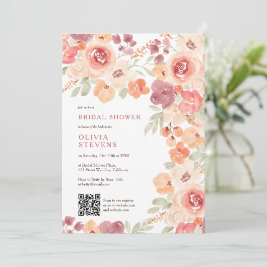 Boho rustiek herfst perzik blush qr code vrijgezel kaart (Staand voorkant)