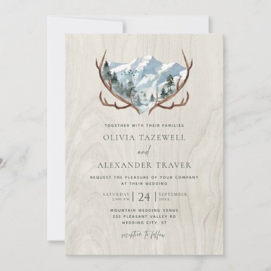 Boho Rustiek Hout Antlers Mountain Wedding Kaart (Voorkant)