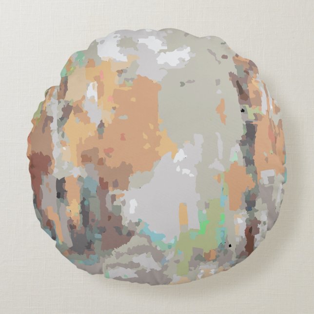 Boho  rustiek, oranje taupe, bruin, grijs rond kussen (Voorkant)