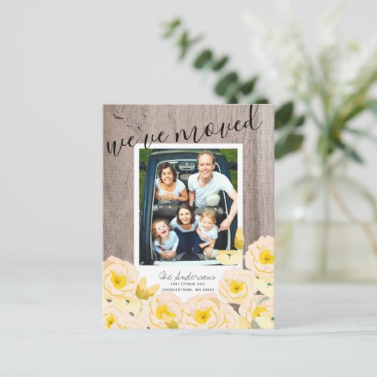 Boho Rustiek Roos Bloemenhout Foto Bewegen Aankondigingskaart (Staand voorkant)