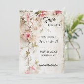 Boho Rustiek Roze Bloemen Foto Save the Date Kaart (Staand voorkant)