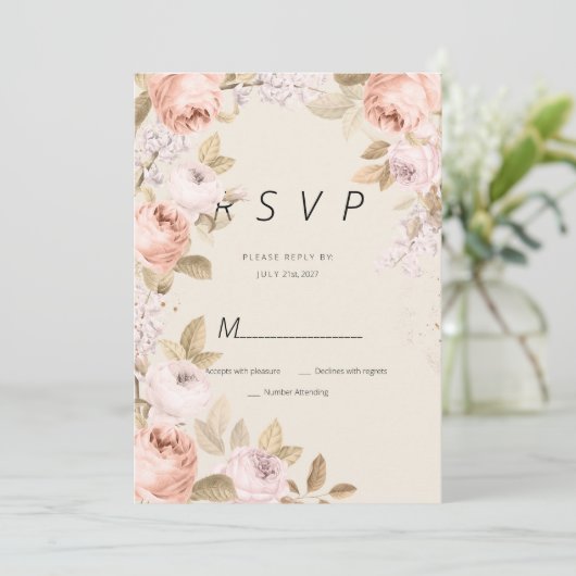 Boho rustiek roze koraal mauve ivoor floral RSVP Kaart (Staand voorkant)