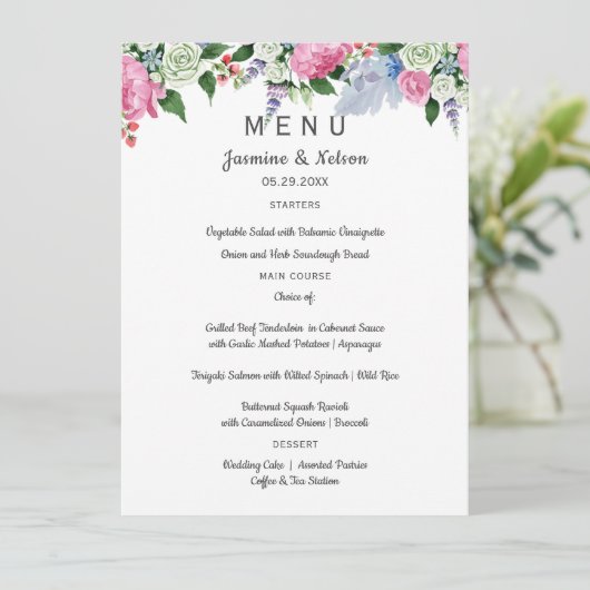 Boho rustiek roze lavendel bloemen Bruiloft of Fee Menu (Staand voorkant)