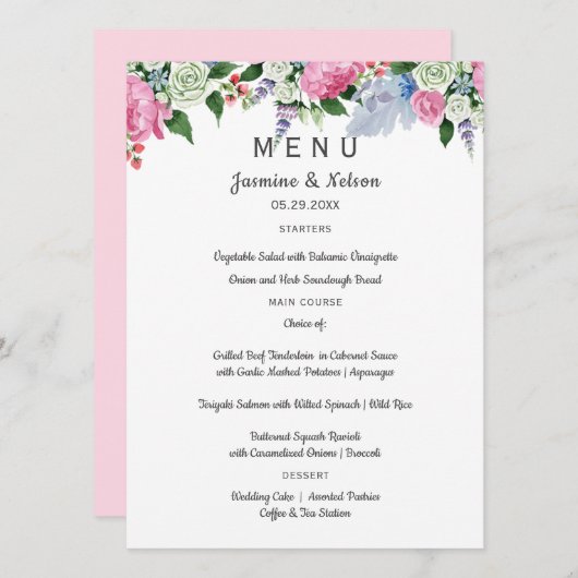 Boho rustiek roze lavendel bloemen Bruiloft of Fee Menu (Voorkant / Achterkant)