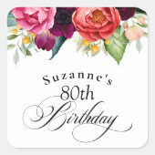 Boho Rustieke Aquarel Bloem 80ste Verjaardagsfeest Vierkante Sticker (Voorkant)