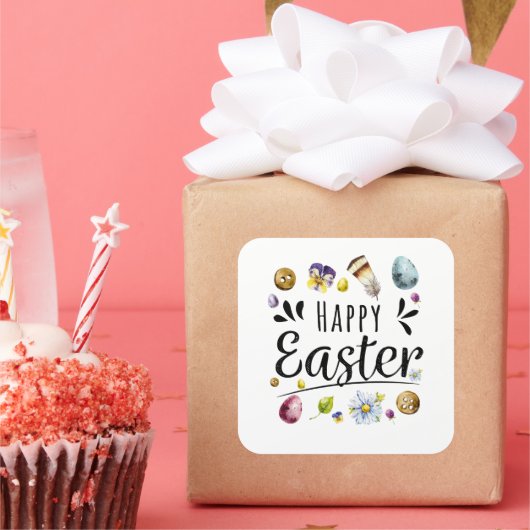 Boho rustieke aquarel kleurrijke Happy Easter Vierkante Sticker (Feest)