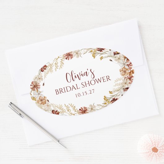 Boho Rustieke Bloem Bruinrood Bruidsfeest Maatwerk Ovale Sticker (Envelop)