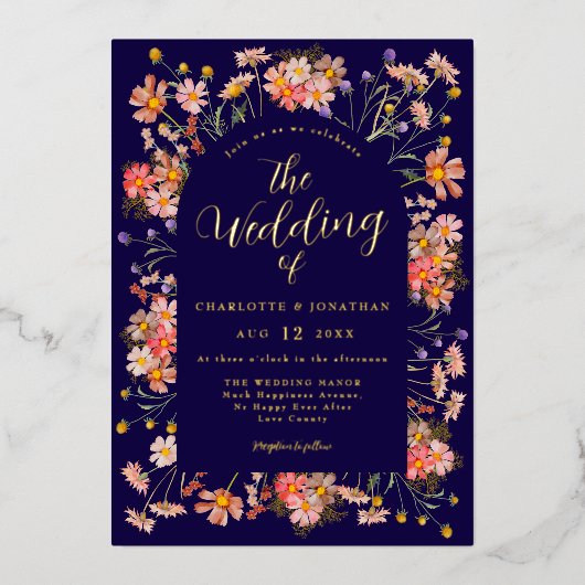 Boho Rustieke Bloemboog Fall Bruiloftsgoud Folie Uitnodiging (Voorkant)