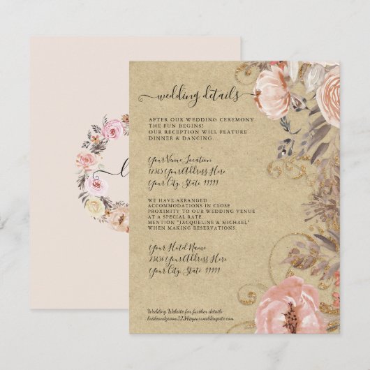 Boho Rustieke Bloemen Blush Roos Gold Wedding Deta Kaart (Voorkant / Achterkant)