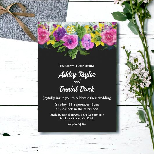 Boho Rustieke Bloemen Zwart-wit Bloemen Huwelijk Kaart