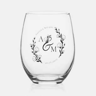 Boho rustieke bloemenmonogram Initialen bruiloft Wijnglas Zonder Voet