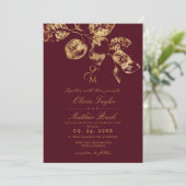 Boho Rustieke Bourgondië & Gouden bruiloft Uitnodi Kaart (Staand voorkant)