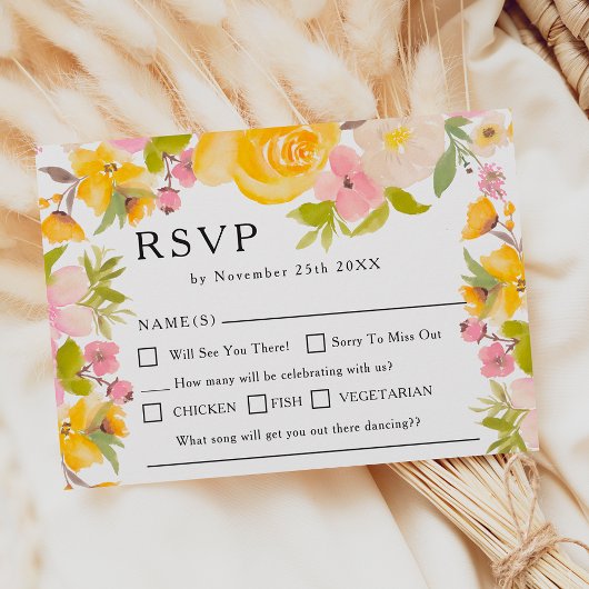 Boho rustieke gele wilde bloemen chic bruiloft RSV RSVP Kaartje