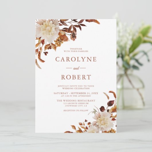 Boho rustieke herfst bloementerras bruiloft kaart (Staand voorkant)