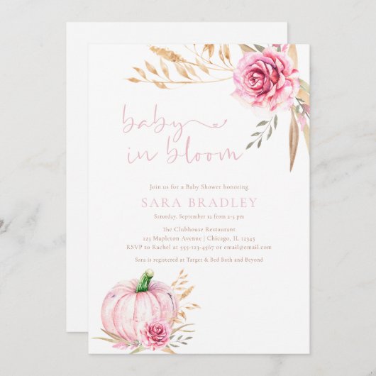 Boho rustieke herfst pompoen baby meisje douche kaart (Voorkant / Achterkant)