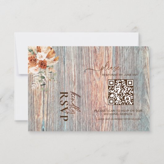 Boho Rustieke Houtstructuur QR Code RSVP Kaart (Achterkant)