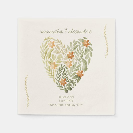 Boho rustieke moderne bloemenhart groen bruiloft servet (Voorkant)