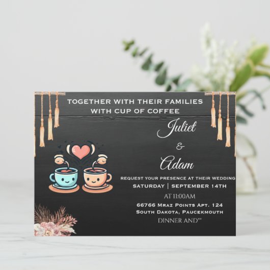 boho rustieke moderne elegante koffie bruiloft kaart (Staand voorkant)