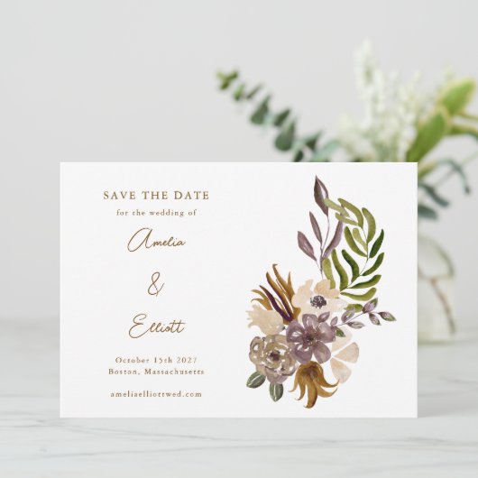 Boho Rustieke Natuur Plum Floral Save the Date Kaa Kaart (Staand voorkant)