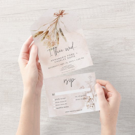 Boho rustieke Pampa's & gedroogd gras boeket diner All In One Uitnodiging (Afscheurbaar)