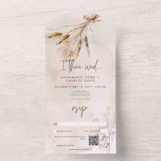 Boho rustieke Pampa's & gedroogd gras boeket QR Co All In One Uitnodiging (Binnen)