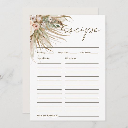 Boho rustieke Pampas Grass Bloemen Breng Recept Ka Bedankkaart (Voorkant / Achterkant)