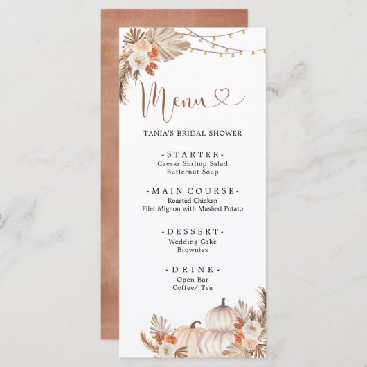 Boho rustieke pompoen Herfst in liefde Menu Kaart (Voorkant / Achterkant)