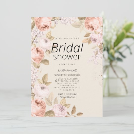 Boho rustieke roze koraal ivoor bloemige Bruids Sh Kaart (Staand voorkant)