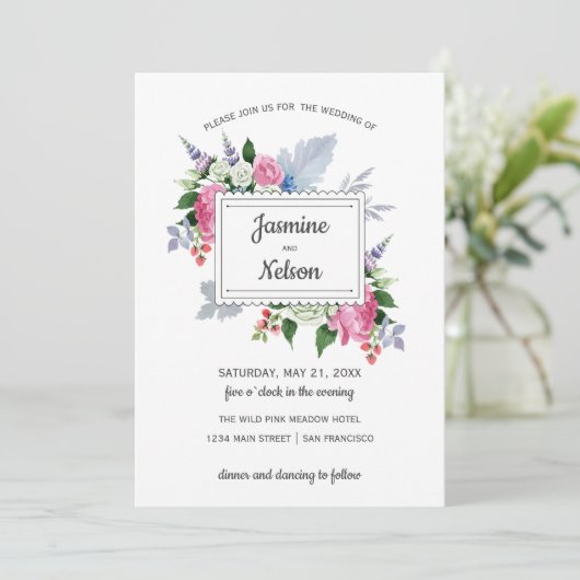 Boho rustieke roze witte lavendel bloemen bruiloft kaart (Staand voorkant)