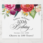 Boho rustieke Waterverf Bloemen 100e Verjaardag Sparkling Wijnetiket (Enkel label)