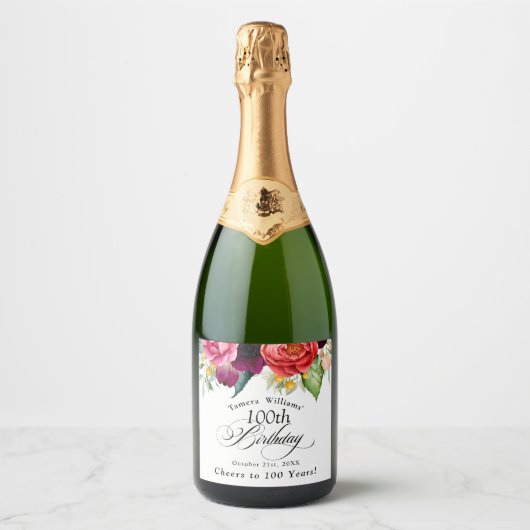 Boho rustieke Waterverf Bloemen 100e Verjaardag Sparkling Wijnetiket (Voorkant)