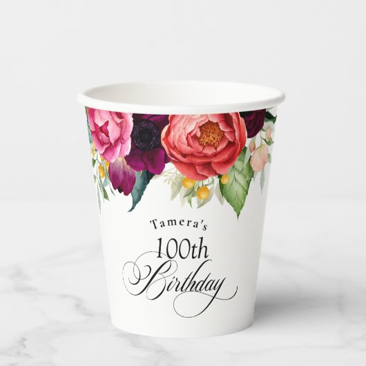 Boho rustieke Waterverf Bloemen 100ste verjaardags Papieren Bekers (Voorkant)