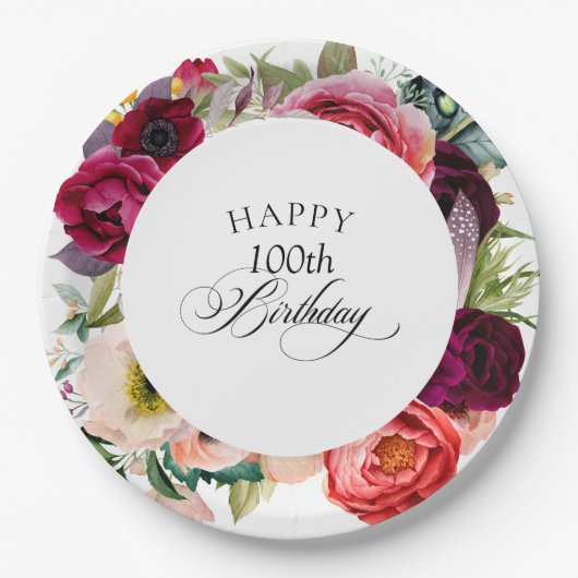 Boho rustieke Waterverf Bloemen 100ste verjaardags Papieren Bordje (Voorkant)