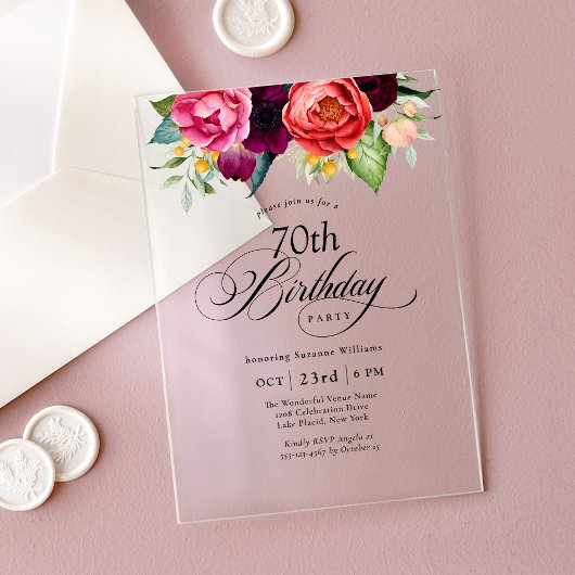 Boho rustieke Waterverf Bloemen 70e verjaardagsfee Acryl Uitnodigingen