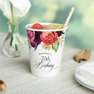 Boho rustieke Waterverf Bloemen 70e verjaardagsfee Papieren Bekers