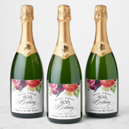 Boho rustieke Waterverf Bloemen 80e Verjaardag Sparkling Wijnetiket