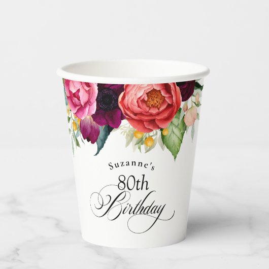 Boho rustieke Waterverf Bloemen 80ste verjaardagsf Papieren Bekers (Voorkant)