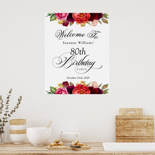 Boho rustieke Waterverf Bloemen 80ste verjaardagsf Poster (Keuken)