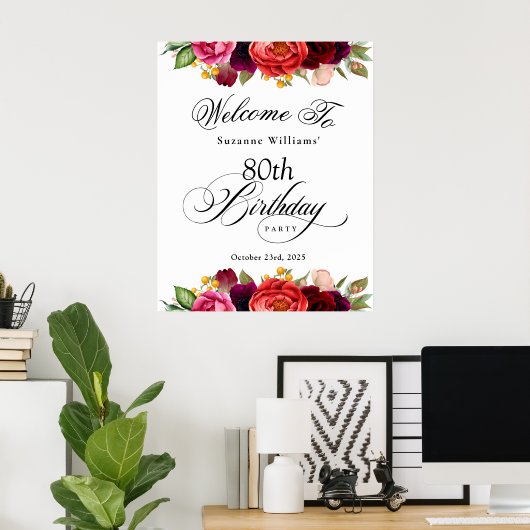 Boho rustieke Waterverf Bloemen 80ste verjaardagsf Poster (Thuiskantoor)